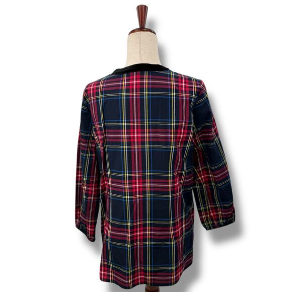 Talbots Plaid Top Size Medium Red Blue Tartan Popover Blouse Velvet Trim Holiday - Picture 6 of 8